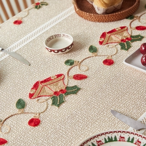 Christmas tablecloth with bell and berry embroidery on beige linen-style fabric