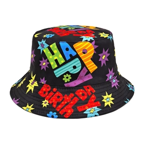 Happy Birthday Reversible Bucket Hat Polyester Colorful Print Sun Protection Party Accessory Street Style Men Women