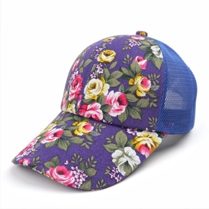 Detail of floral printed canvas and breathable blue mesh on this summer sun baseball cap