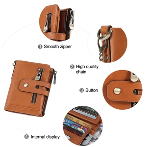 Vintage brown leather wallet with multi-card slots, metal zipper and keychain chain