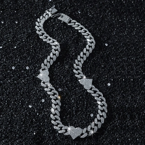Classic 13mm silver Cuban link necklace with iced-out rhinestones and heart pendants