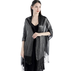 Elegant black silver glitter shawl with fringe tassels for evening party dresses