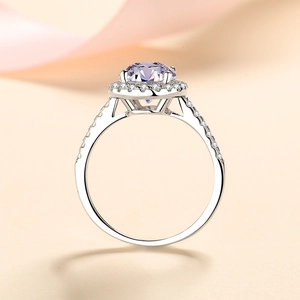Elegant silver 925 halo ring with lavender purple gemstone and pavé diamonds