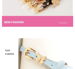 Detail view of skinny PU leather belt with decorative golden butterfly buckle for women