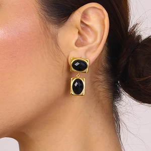 Vintage style gold-plated titanium steel earrings with oval black stone insets
