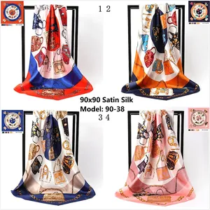 90x90cm satin silk square scarves with luxury chain print in four stylish colors