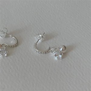 925 silver hoop earrings with cubic zirconia micro-pave and hanging pearl drop charms