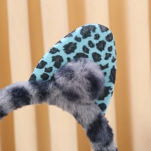 Plush cat ear headband with blue leopard print and grey faux fur for women hair styling