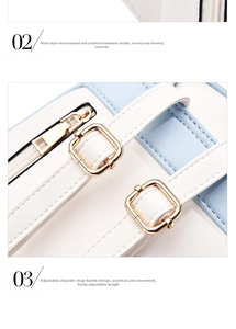 Close-up of pale gold hardware details and adjustable strap on the bicolor backpack