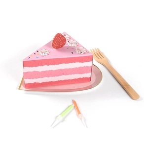 Pink strawberry triangle cake gift box with golden paper plate and wooden fork