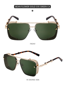 Detail of square gold metal sunglasses with mesh side shields and green lenses