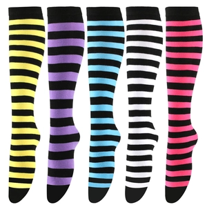 Detailed view of striped knee-high socks in five colorways made of elastic knit fabric