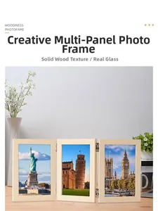Detail of modern triple folding wood photo frame with real glass and metal hinges