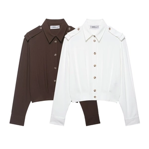 Women Long Sleeve Blouse Woven Polyester Epaulettes Button Down Cropped Utility Shirt Solid Color Chic Workwear Tops