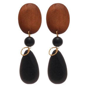 Vintage geometric long earrings with oval wood studs and teardrop-shaped pendants