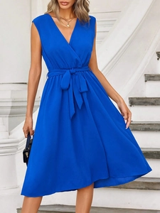Vestito Midi Da Donna Scollo A V Senza Maniche Elegante Vita Con Fiocco Linea A Tinta Unita Poliestere Estate