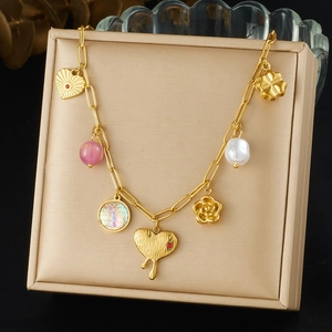 Pendant Necklace Stainless Steel 18K Gold Plated Heart Flower Imitation Artificial Pearl Resin Bead Rhinestone Multielement Women