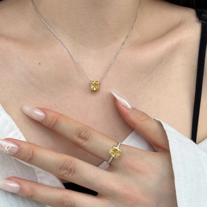 Detail of S925 silver jewelry set with yellow square-cut zircon stone on model