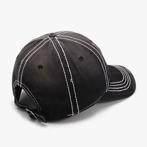 Black washed cotton baseball cap with white contrast stitching and adjustable metal buckle