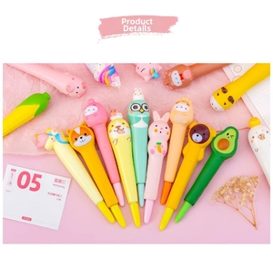 Detailed view of colorful cartoon animal squishy pens in unicorn and husky designs