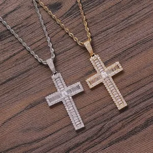 Hip Hop Cross Pendant Necklace Gold Plated Copper With Zircon Stainless Steel Rope Chain Iced Out Jewelry