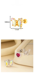 Detailed size chart of butterfly stud earrings with threaded flat back screw design