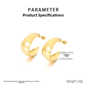 Detailed view of gold C-shaped stainless steel earrings with 23x12mm dimensions