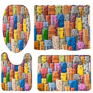 Colorful cartoon cat pattern bathroom set with shower curtain, rugs and toilet cover
