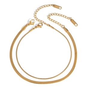 Classic double-layer gold stainless steel snake chain anklet for women on white background