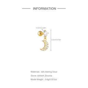 Detail of S925 sterling silver moon earring with AAAAA zircon and product measurements