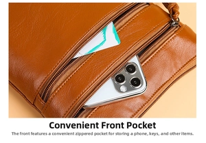 Detailed view of brown leather crossbody phone bag showing front zipper pocket utility