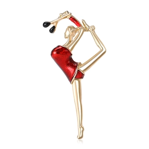 Artistic gymnastics girl brooch in gold finish with red enamel and rhythmic clubs