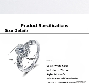 Detail view of square zircon ring with 2.3g weight, 10mm stone, and adjustable band size