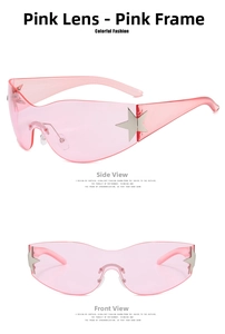 Detailed front and side views of Y2K star rimless sunglasses with pink lenses