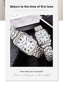 Detail of Chenxi square quartz watches with Roman numerals, blue hands and steel strap