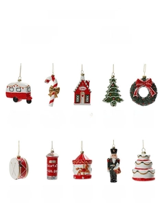 Detailed collection of red and white plastic Christmas ornaments with golden hanging strings