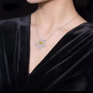 Elegant S925 silver sunflower necklace with yellow center stone on a model wearing velvet
