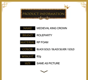 Detailed specifications table for medieval king crowns made of lightweight RP foam material
