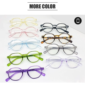 Matrix display of ten colorful geometric anti-blue light glasses in retro resin frames