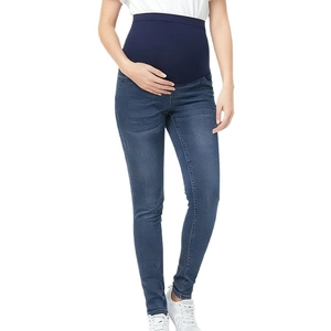 High waist skinny maternity jeans in dark blue with elastic belly support for women