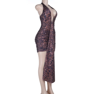 Detail of sexy leopard print v-neck halter dress featuring long hanging neck streamers
