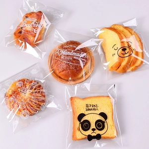 Transparent bread bags with cute panda patterns and bakery text for handmade cookies