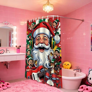 Detail of Christmas shower curtain featuring Rock Santa and elves on pink bathroom tiles