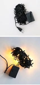 Detail of warm white LED string lights showing the 8-mode controller and power plug