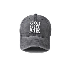 Vintage washed dark grey cotton baseball cap with white God Got Me text embroidery