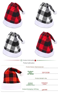 Details zur rot-schwarz karierten Weihnachtsmütze mit Plüschrand und Leinenstruktur