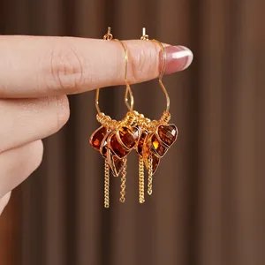 18K gold plated heart amber earrings with fringe tassels and vintage hollow design