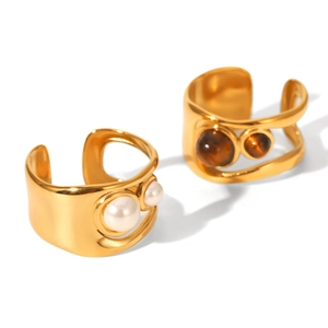 Golden open rings set featuring white pearls and brown tiger eye stones in titanium steel