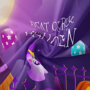 Close-up of Halloween tapestry fabric featuring purple pumpkin and ghost patterns