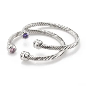 Twisted Cable Cuff Bracelet Stainless Steel Zircon Birthstone Adjustable Open Bangle Fashion Jewelry For Women